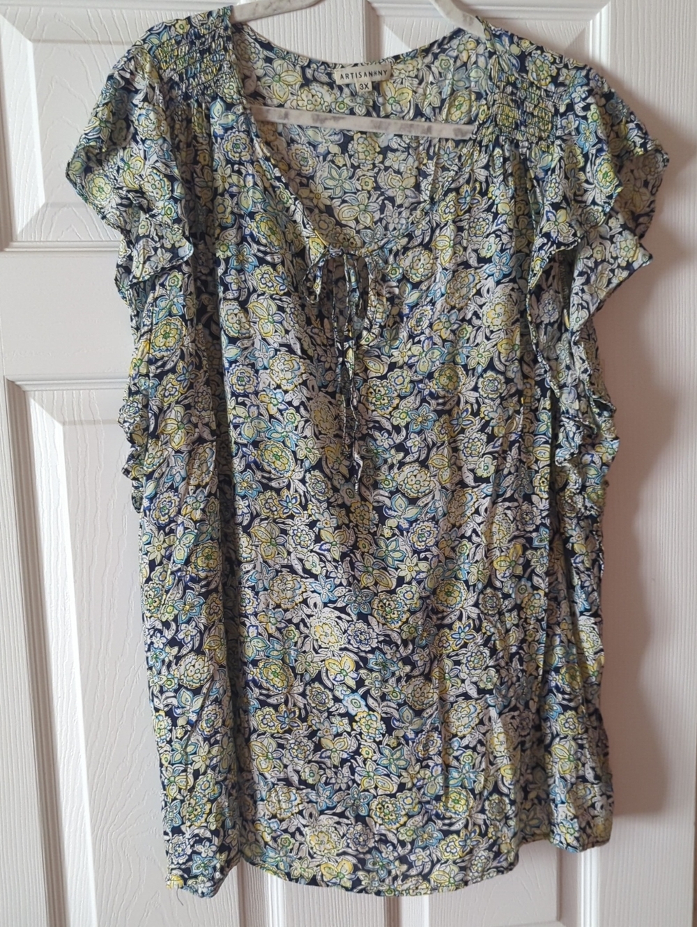 Artisan NY Navy Floral Tie-Neck Cap Sleeve Blouse with Yellow Accents